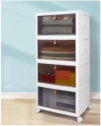 KYY'Z Plastic Storage Drawers with Lid 4 Tier, White Stackable Storage Boxes Magnetic Doors 23L/Tier Collapsible Closet with Wheels, Under Bed Storage Organiser Folding StorageBin Bedroom Study Office