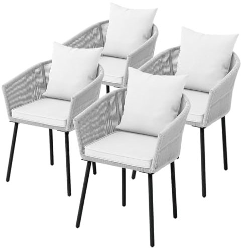STEELSØN Gartenstuhl Nair 4er Set, Armlehnenstuhl aus Rattan, Balkonstuhl mit Sitzkissen, pulverbeschichtetes Stahlgestell, Hellgrau