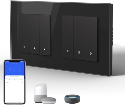 BSEED Interruptor Inteligente WIFI con Vidrio,Basculante Con Pilotitos LED,Requiere Cable Neutro,E-Series,3 Gang 1 Vía + WiFi Cortina Interruptor,157mm Negro