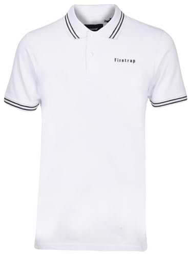 Firetrap Mens Polo Shirt Cotton Polos Tshirt Short Sleeve Summer Ribbed Tipping Collar Tshirts Top White M