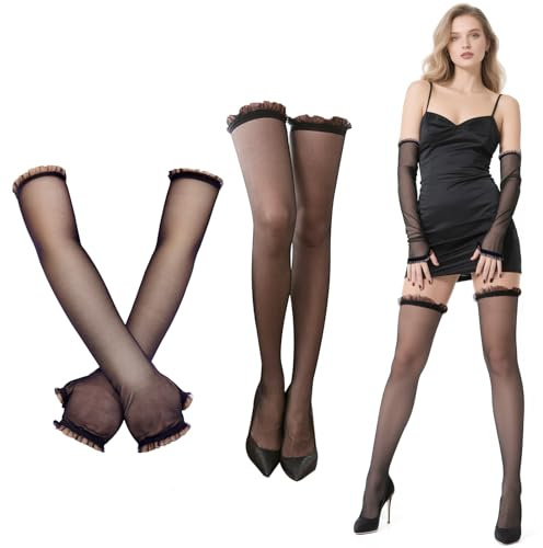 SwirlColor Schwarze Fingerlose Handschuhe und Strapsstrümpfe Set, Mesh Lange Schwarze Handschuhe Ruffle Oberschenkel hohe Strümpfe für Frauen Party Karneval Kostüm