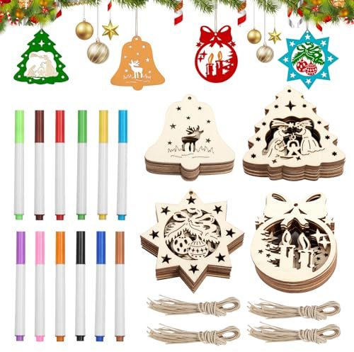 Weihnachtsbaum Anhänger Holz 40 Pcs Holzanhänger Weihnachten DIY Dekoration mit 12 Aquarellstiften Weihnachten Deko Holzanhänger zum Bemalen