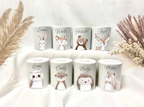 Personalisierte Spardose, Keramikspardose Kinder, Kindergeschenke, Geschenk Geburt, Spardose Baby, Waldtiere (Otter)