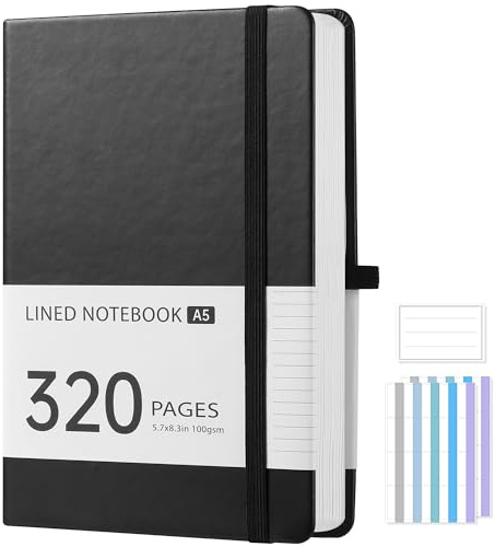 Novent Notizbuch A5 Liniert, 100GSM Journal Tagebuch mit 320 Seiten & Hardcover, A5 Notebook mit Stifthalter, Gummiband & Innentasche, Notizbücher für Büro Schule Arbeit Männer Frauen (Schwarz)