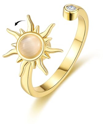 VYYU Fidget Rings for Anxiety Women Men - Anxiety Ring Relief Stress Open Size with Sun Charm for Teens Girls | Calms Reliever Spinner Stress Relief Gifts for Daughter Friends Birthday Christmas