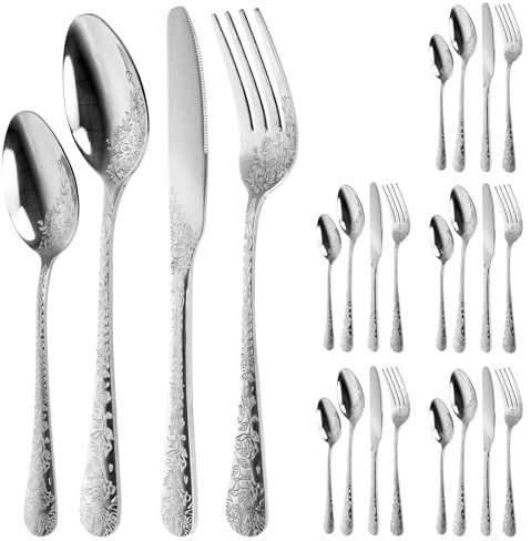 Juego de cubiertos retro tallados en rosas para 6 personas, juego de cubiertos de acero inoxidable, kit de tenedor pulido con espejo y cuchillo con delicado diseño floral para restaurante, hogar
