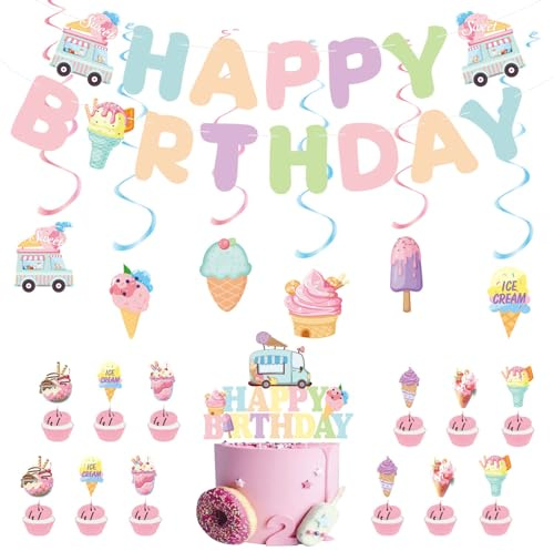 JDCMEI 20 Stück Eiscreme Geburtstagsdeko Set, Eis Party Wirbel Deko, Eiscreme Geburtstag Dekoration, Eis Girlanden Hängende Wirbel Geburtstag Deko