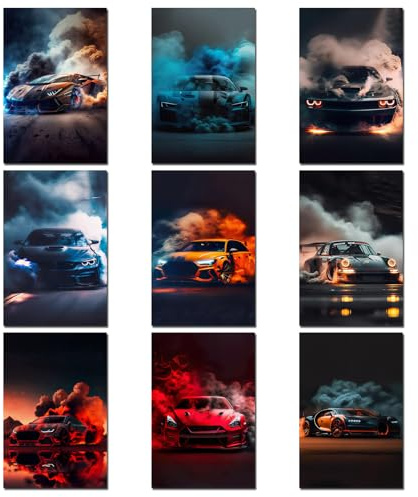Cunegra 9 Stück Auto Bilder Für Die Wand, Car Poster Supercar Leinwand, Auto Poster Faltenfrei, Zimmer Deko Jungs, Für Garage Büro Wohnzimmer, Geschenk Für Autoliebhaber