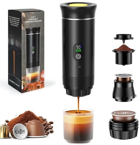 Mini Akku Kaffeemaschine für unterwegs, 3 in 1 Tragbare Espressomaschine | LED-Anzeigebildschirm, Reise Mobile Kaffeemaschine, kompatibel mit kapsel und gemahlener Kaffee für Wandern Büro Wohnmobil
