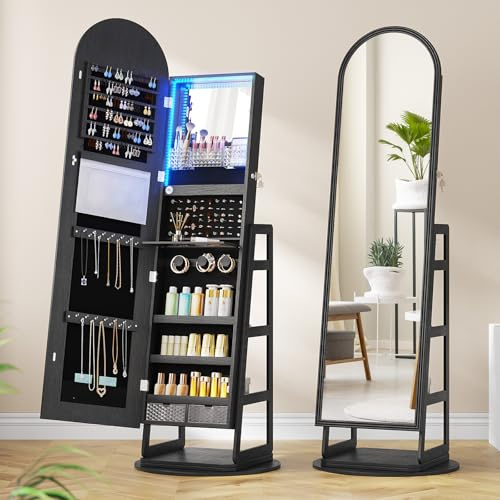 FREDEES Arched Mirror Jewelry Cabinet with Storage and LED Lights, Black | Full Length Mirror & 360° Swivel, Lockable Standing Holder Organizer, Rear Storage Shelves & Hooks for Women, Girls