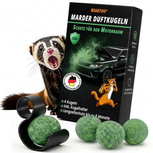WIARTOO® Marderschreck Auto - Boules parfumées anti-martres avec huile d'eucalyptus - Repousse les martres du compartiment moteur, du grenier et du garage - 4 boules parfumées + support pour boule