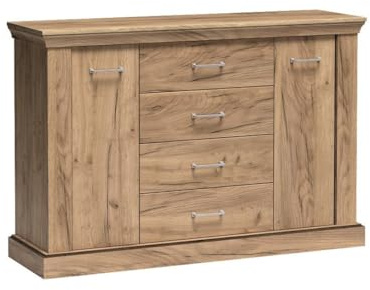 Masseno Kommode DESIO 142 cm Sideboard mit 4 Schubladen und 2 Türen für Wohnzimmer Schlafzimmer Modern 142x42x95,5 cm Eichefarben
