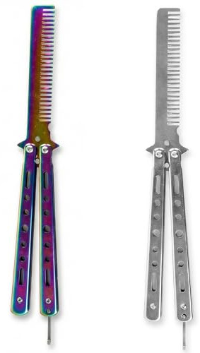 2 Piece Butterfly Comb, Stainless Steel Foldable Pocket Spring Hair Comb, Trainer for Flipping Practice, Unsharpened Metal Training Tool for Barber Styling Beginners