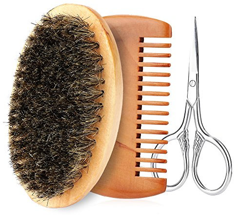 Sonew Bartkamm & Bartbürste Set für Männer, Bartpflege Set Bart Grooming Kit Bart Pinsel, Bart Kamm und professionelle Schnurrbart Schere Set Reinigung Grooming Tool(#3)