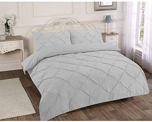 Duvet Cover Set Plain Pintuck Polycotton Bedding (Silver, King)