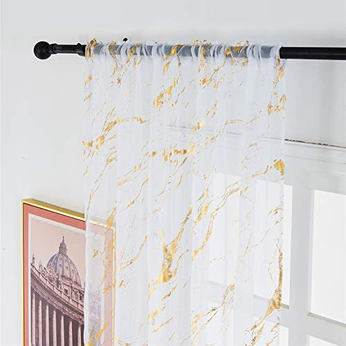 ZYY-Home Curtain Marmorierte Bronzierung Vorhang Gardinen Dekorative Super Weiche Semi Transparent Voile Gardinenstange für Wohnzimmer Schlafzimmer 2er Set,Gold,W140xL245cm
