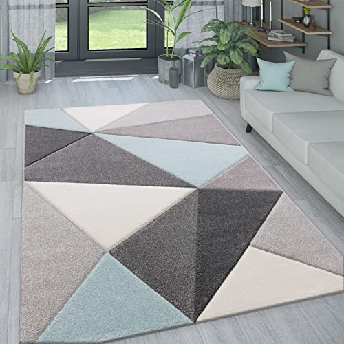 Paco Home Wohnzimmer Teppich in Pastell Farben, Moderne Rauten Dreieck u. Zick-Zack Muster, Grösse:80x150 cm, Farbe:Türkis