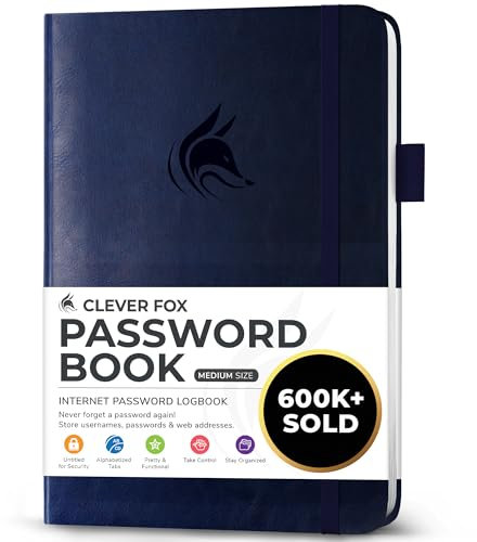 Clever Fox Passwortbuch mit Registerkarten - Adress- und Passwort-Organisationsbuch mit alphabetischen Registerkarten - Mittelgroßes Passwortbuch für Computer- und Website-Logins, Dunkel Blau