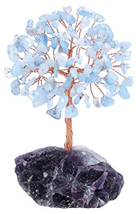 JSDDE Aquamarine Crystal Healing Crystals Gemstones Feng Shui Natural Tumbled Stones Money Life Tree Figurines