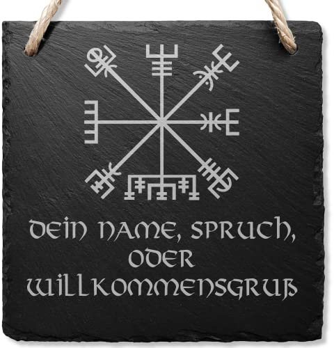 Kreativknoten - personalisiertes Schiefer Türschild | Name oder Spruch | Wikinger Deko | Wanddeko | Motiv Wikinger Kompass - Vegvisir