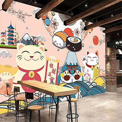 Yimesoy Maßgeschneiderte Große 3D-Tapete Wandbild Japanische Sushi Glückskatze Japanische Küche Sushi Restaurant Hintergrundwand 400Cm(W)×280Cm(H)