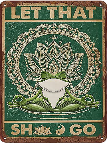 Frosch Let That Shit Go Vintage Blechschild Yoga Frosch Poster Lustig Frosch Wandkunst Vintage Yoga Druck Retro Stil Blechschild Yoga Studio Dekor für Home Office Metallschild Lustige Heimdekoration