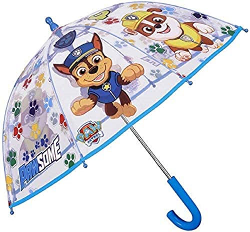 Nickelodeon Transparenter Paw Patrol Regenschirm für Kinder, blauer Stockschirm für Jungen – Marshall Chase und Rubble Print – winddichte Kuppelbrolly mit Sicherheitsöffnung 65 cm, blau, 65