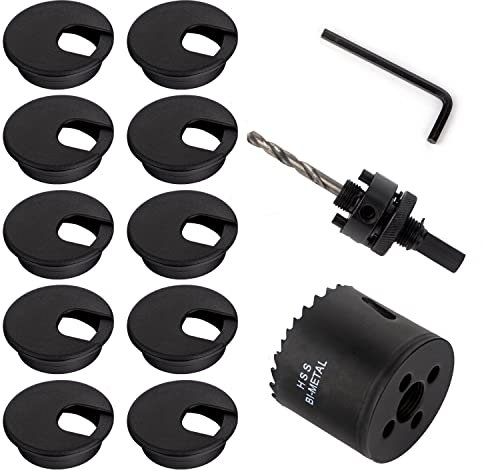 10Pcs 35mm Desk Grommet with High Speed Bi-Metal Hole Saw Kit Computer Grommet for Desk Table Cable Tidy Metal Wire Hole Cover Wire Organizer for Home Office - Black