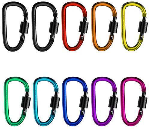 Gvolatee 10 pièce mousquetons Escalade D-clé coloré Aluminium, Mousqueton Porte clé Ultra-léger avec Verrouillage à vis pour Sac à Dos de Camping, Bouilloire, Tente, Corde, pêche, randonnée ou Voyage