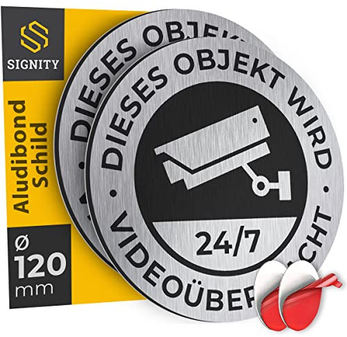 2-er SIGNITY Alu Schild Videoüberwachung (fi 120mm klein) - Alu Warnschild Kamera Überwachung - ideal zur Kamera Attrappe - Aluminium Schild - Achtung Videoüberwachung für Privatgrundstück