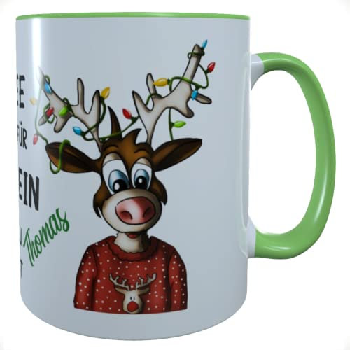 weihnachtlicher Kaffee-Bürobecher mit Namen Glühwein Punsch Tasse Wichteln Geschenk Lustiger Spruch Kollegin Kollege Freundin Weihnachtsmarkt (Rentier/Lichterkette mit Name)