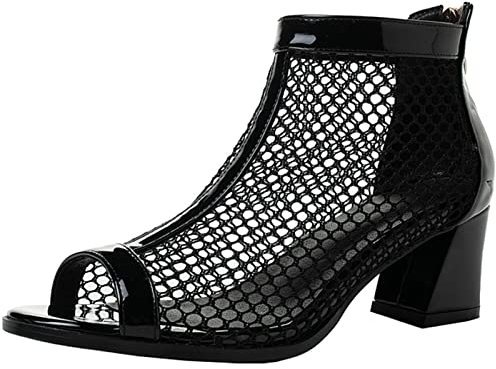 CUTEHEELS Stivali estivi da donna Coolee a rete con punta a punta aperta e tacchi a blocco e cerniere posteriori, Nero , 40 EU