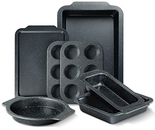 RIOVARM Granit Antihaft Backformen Set 7 PCS-Backformen-Sets Backbleche für Backofen Backen Set Backblech Kuchenform Laib Pfanne Brotbackform Muffinform Cupcake-Blech Bratpfanne Bäckereibedarf