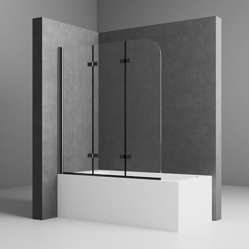 Duschwand für Badewanne Schwarz 130x140 cm 3-teilig faltbar Duschtrennwand Duschabtrennung Badewannenaufsatz mit 6mm ESG Sicherheitsglas