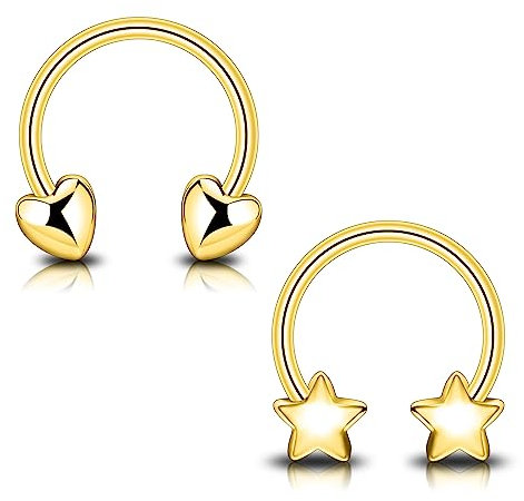Longbeauty Hufeisenringe Edelstahl 16G Creolen Augenbrauen Ohrringe Lippe Nasenring Septum Helix Tragus Knorpel Piercing Damen Herren, 2 PCS, Gold