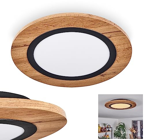 HOFSTEIN LED Deckenleuchte Salmi, moderne Deckenlampe aus Metall/MDF/Kunststoff in Schwarz/Holzoptik/Braun/Weiß, runde Leuchte Ø 39,5 cm, 1350 Lumen, 3000 Kelvin, 15 Watt, Wohnzimmer, Küche, Esszimmer