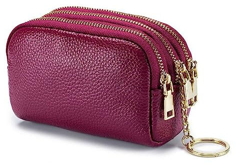 AprinCtempsD Porte-Monnaie Petit en Cuir Véritable Portefeuille Mini Zippé Porte-Cartes avec 3 Zips pour Femme Fille (Rose Violet)