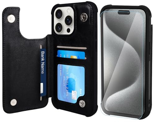 VANAVAGY Schutzhülle für iPhone 15 Pro Max, für Damen und Herren, mit Kreditkartenhalter, RFID-Leder, Klapphülle, passend für magnetische Autohalterung und Ständer, mit Bildschirmkameraschutz, Schwarz