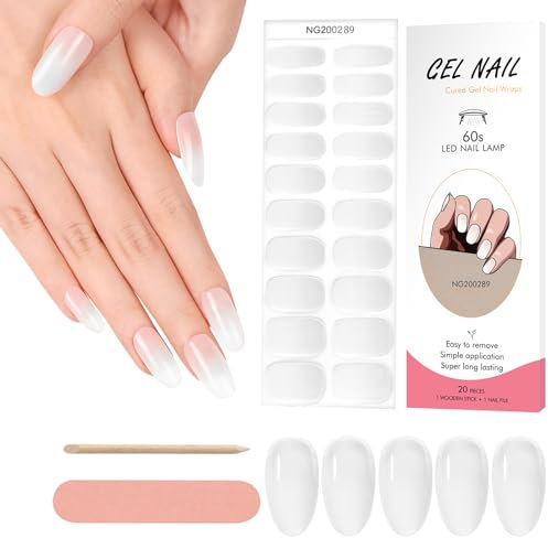 Kalolary 20PCS Gel Nagellack Aufkleber, Nagelsticker Full Wraps Nagelaufkleber UV/LED Lampe Erforderlich Cured Gel Nail Strips mit Nagelfeile und Stick für Frauen Mädchen (Weiß transparent)