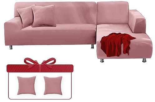 Copridivano 3/4/2/1 Posti con Penisola Elasticizzato, Fodere Copridivano Angolare a Sinistra/Destra Universale con Federi, Fodere Divano Penisola Forma di L (Rosa,3 Posti(195-230cm))