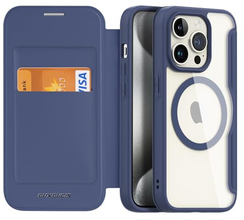 DUX DUCIS Magnetisch Hülle für iPhone 15 Pro, [Kompatibel mit MagSafe] Premium Flip Leder Klar Stoßfest Schutzhülle Handyhülle mit RFID Blocker für Apple iPhone 15 Pro Klapphülle (Blau)