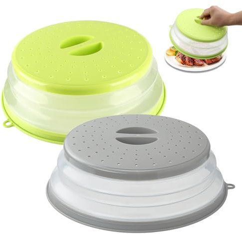 NIXRET Collapsible Microwave Food Cover, 2 Pieces Silicone Foldable Microwave Splatter Guard with Grip Handle, Microwave Cover for Food, Colander Basket for Fruit and Vegetable