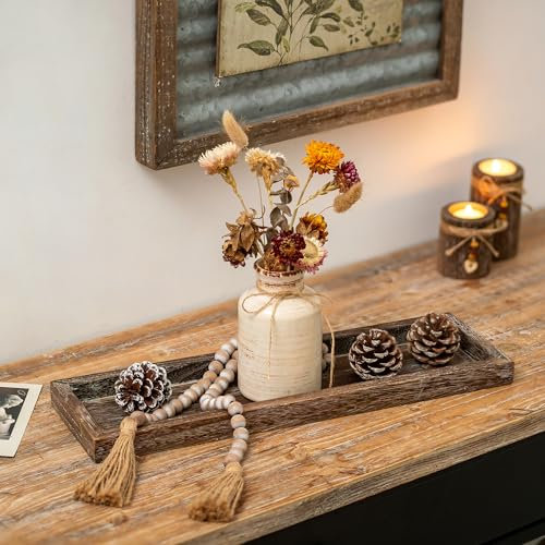 Romadedi Rustic Decorative Wood Candle Tray - 17 Wooden Long Narrow Tray Candle Holder, Farmhouse Small Trays for Coffee Table Centerpieces Dining Room Kitchen Countertop Home Decor, Brown