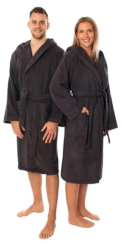 Lavea® Albornoz Mujer y Hombre 100% Algodón – Albornoz Ducha Unisex de Rizo con Capucha, Muy Absorbente, Ideal para Sauna – Albornoz Mujer Ducha & Hombre – Talla S – Antracita