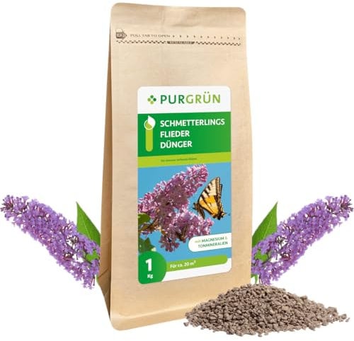 Purgrün® Schmetterlingsflieder-Dünger 1 kg – Organisch-mineralische Rezeptur – Feinkörniges Krümelgranulat – NPK 5+4+6 – Extra Magnesium für prächtige Blüten – Verbessert die Bodenqualität