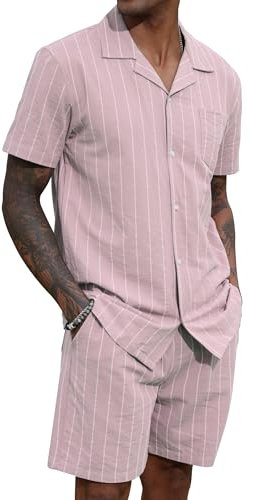 Ensemble chemise et short pour homme - Chemise hawaïenne décontractée à manches courtes - 2 pièces - Boutonnée - Pour l'été, la plage, les vacances, rose, L