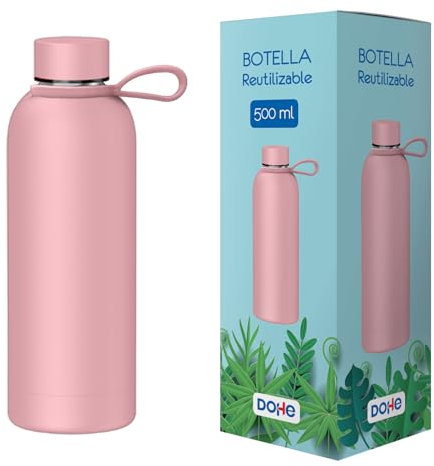 Dohe - Botella de Agua Térmica Acero Inoxidable 500 ml - Mantiene 24 h. Frío y 12 h. Calor, Sin BPA, Tapón Hermético Antigoteo y Asa - Rosa