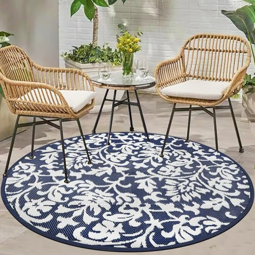 Capslpad 150cm Runde Outdoor-Teppich für Terrasse Wasserdichte Outdoor-Kunststoff-Strohteppich Reversible Tragbarer Wohnmobil-Campingteppich Outdoor-Teppich für Deck Balkon Picknick Strand, Marineblau