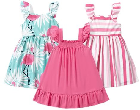 PATPAT Ensemble de 3 robes d'été pour fille, sans manches, à volants, robes de princesse pour fête d'anniversaire, banquet et vacances, coupe trapèze et longueur genou, taille 2-12 ans, rose(w), 4-5