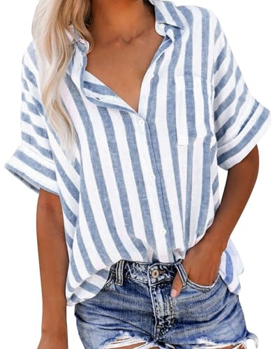 Womens Linen Shirts UK Short Sleeve Button Down Lapel Neck Tops Summer Casual Striped Print Blouses 2024 Fashion Loose Fit Tee Shirts Ladies Elegant Tops